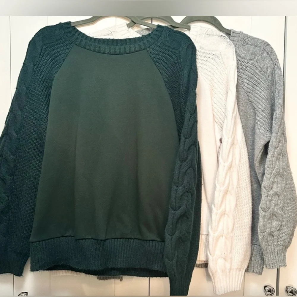 Women's Cable Knit Crew Neck Sweater - Green, White, Gray (ALL Size Lg) - Picture 1 of 8